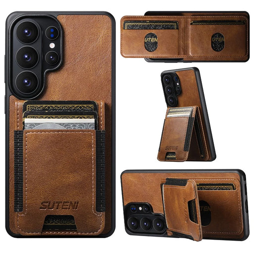 SUTENI H03 For Samsung Galaxy S26 Ultra Case Card Holder Waxy Texture Leather + TPU Phone Cover - Brown - 1