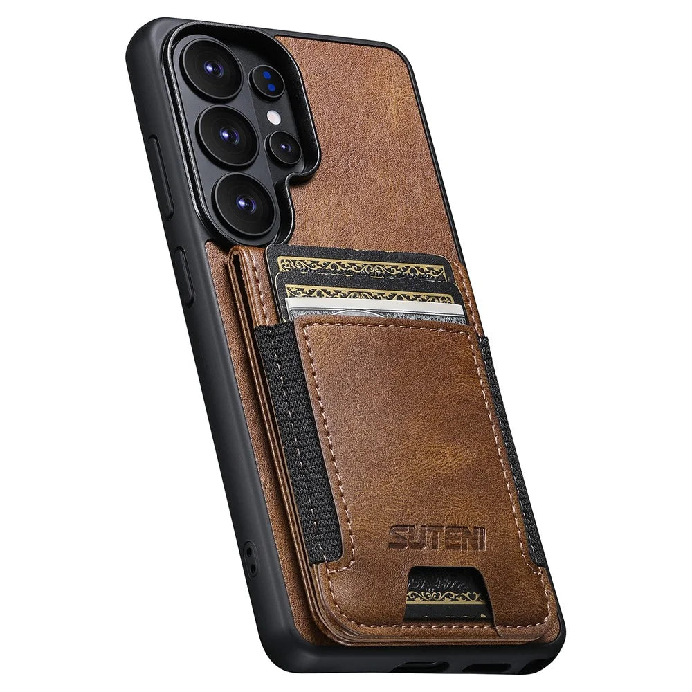 SUTENI H03 For Samsung Galaxy S26 Ultra Case Card Holder Waxy Texture Leather + TPU Phone Cover - Brown - 4