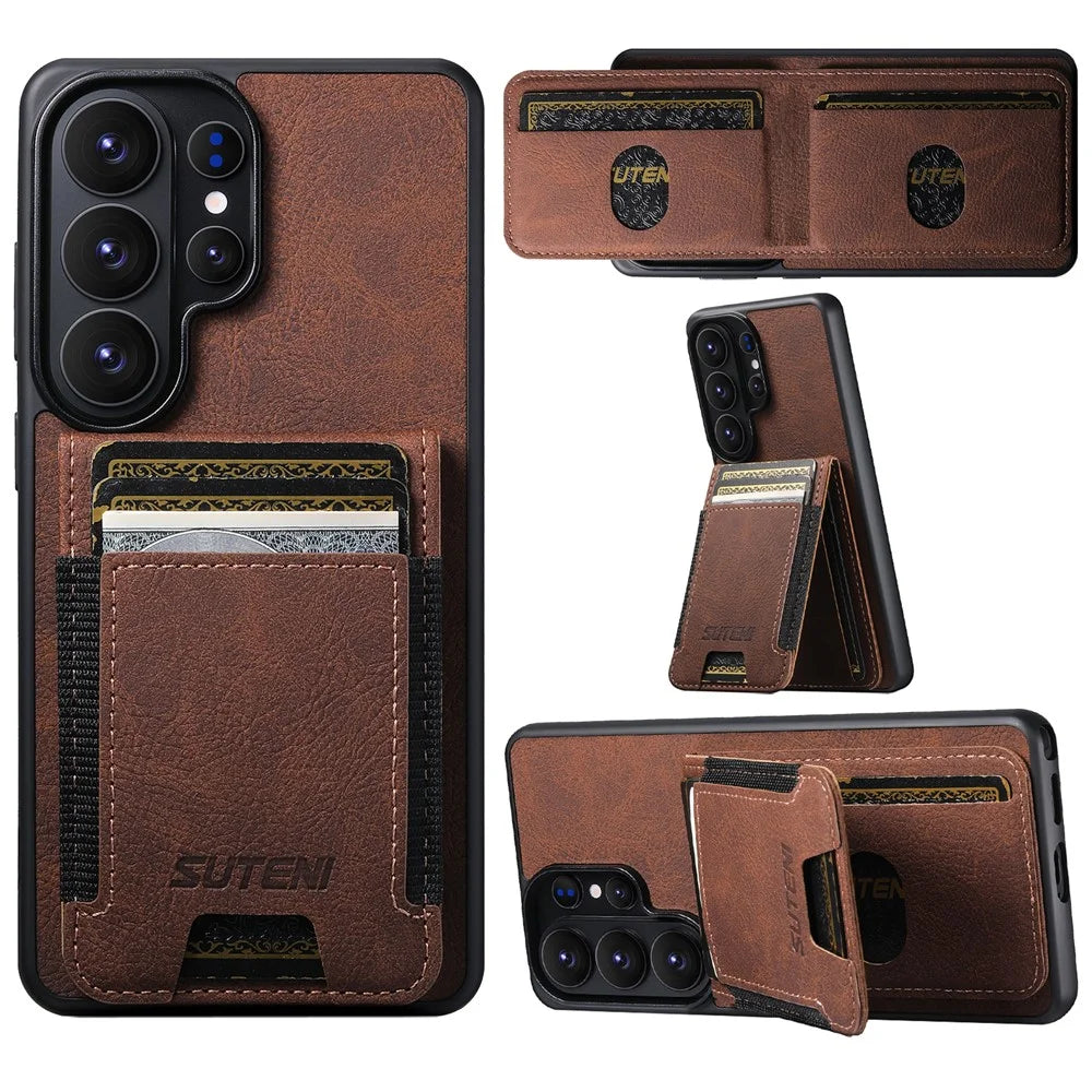 SUTENI H03 For Samsung Galaxy S26 Ultra Case Card Holder Kickstand Litchi Texture Leather + TPU Phone Cover - Brown - 1