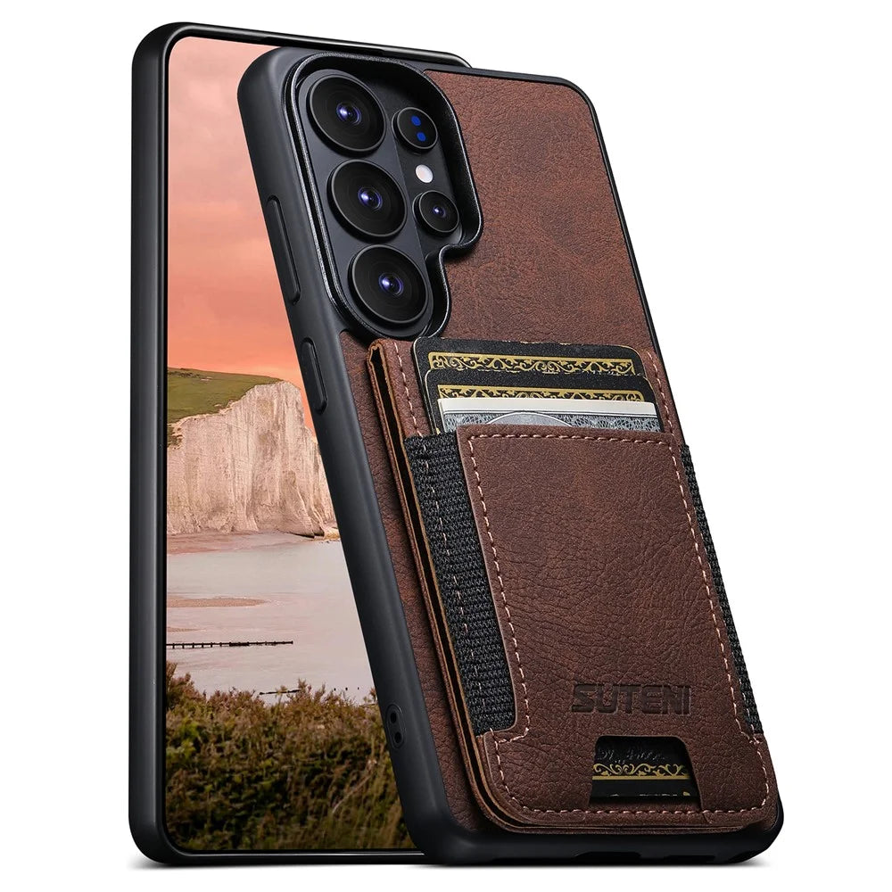 SUTENI H03 For Samsung Galaxy S26 Ultra Case Card Holder Kickstand Litchi Texture Leather + TPU Phone Cover - Brown - 5