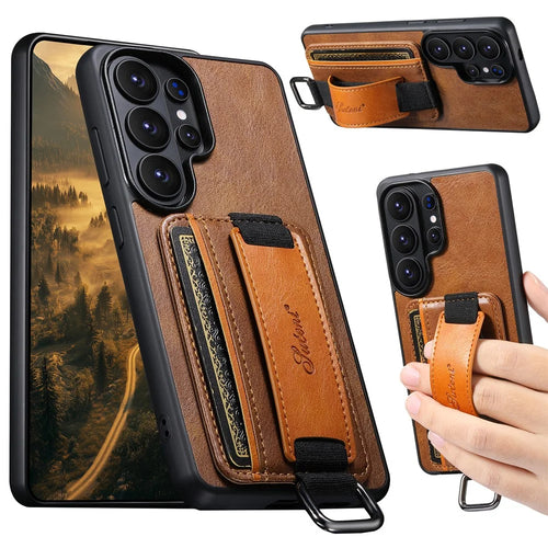 SUTENI H13 For Samsung Galaxy S26 Ultra Case Card Holder Wristband Waxy Texture Leather + TPU + PC Cover - Brown - 1