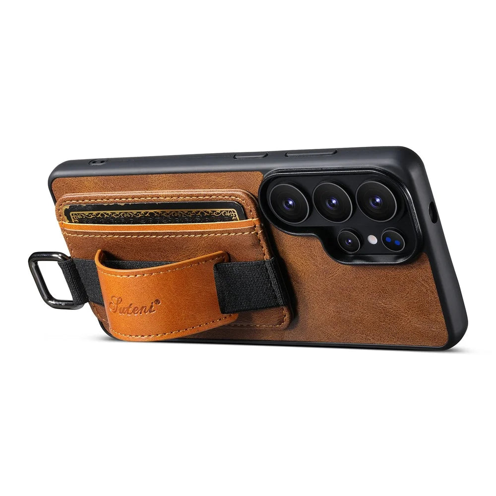 SUTENI H13 For Samsung Galaxy S26 Ultra Case Card Holder Wristband Waxy Texture Leather + TPU + PC Cover - Brown - 2