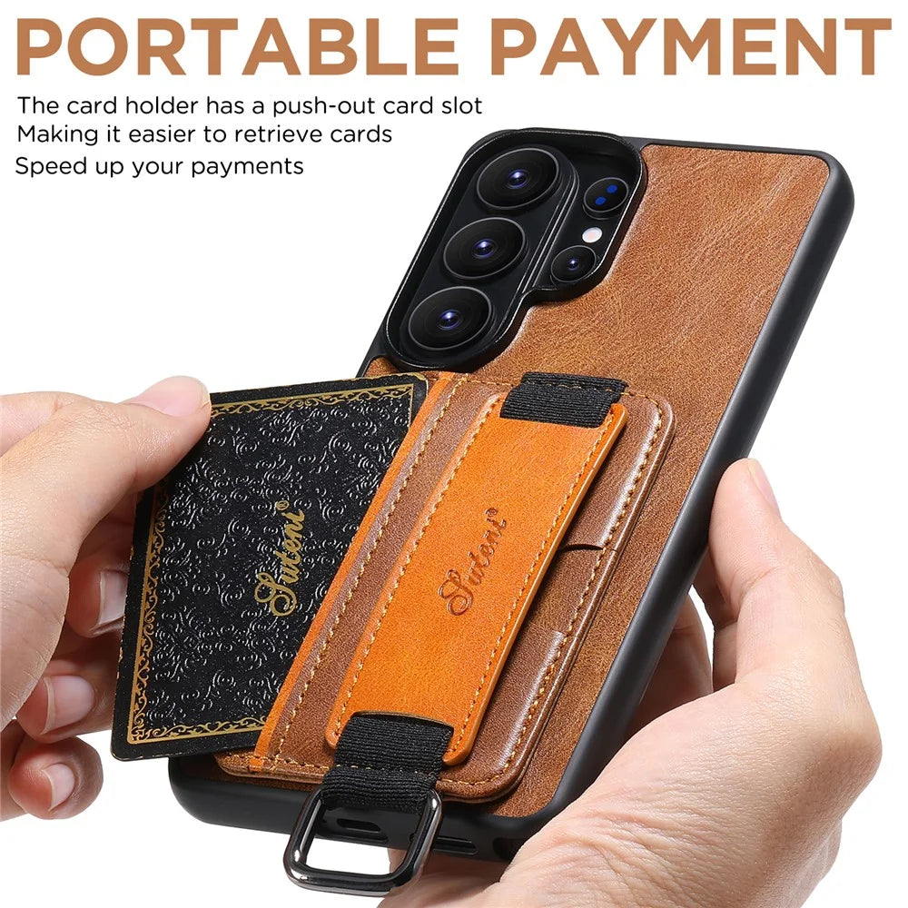 SUTENI H13 For Samsung Galaxy S26 Ultra Case Card Holder Wristband Waxy Texture Leather + TPU + PC Cover - Brown - 5