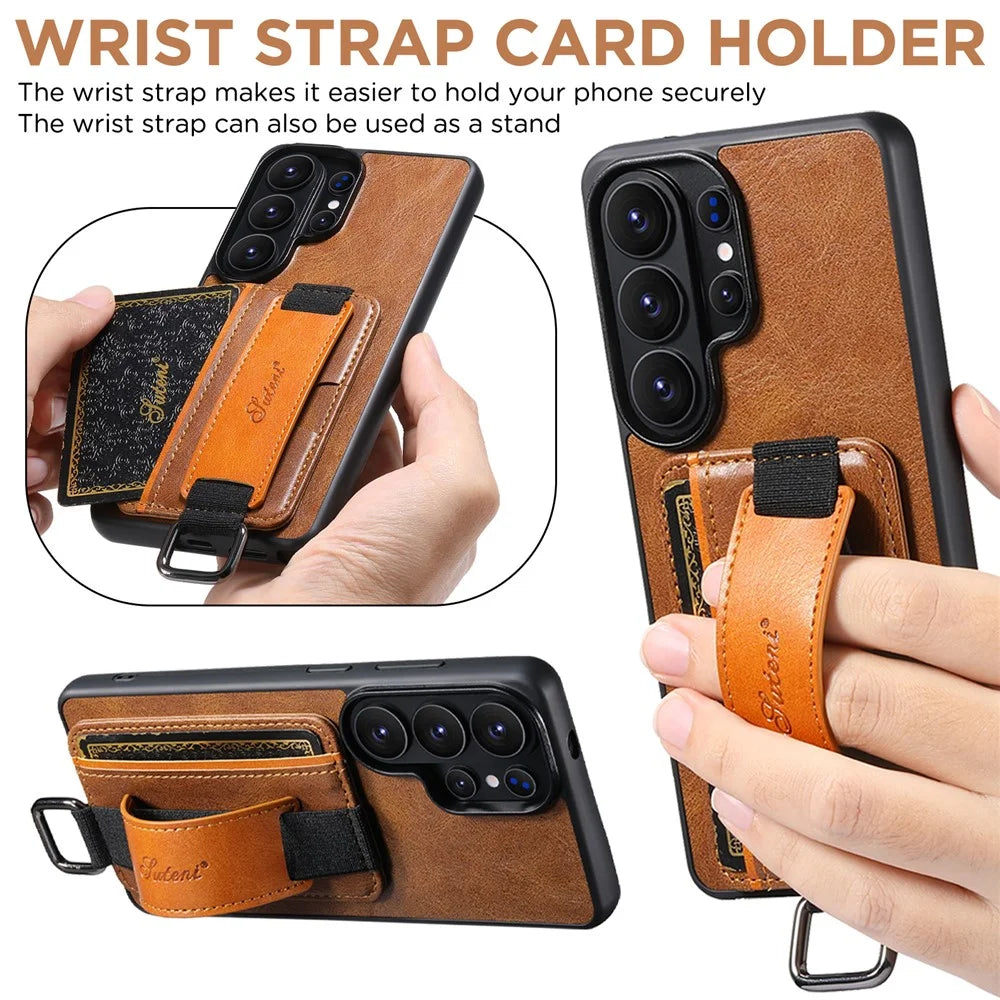 SUTENI H13 For Samsung Galaxy S26 Ultra Case Card Holder Wristband Waxy Texture Leather + TPU + PC Cover - Brown - 6