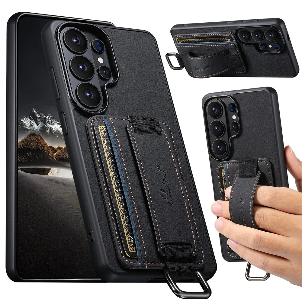 SUTENI H13 For Samsung Galaxy S26 Ultra Case Litchi Texture Leather + TPU + PC Phone Cover with Card Holder Kickstand - Black - 1