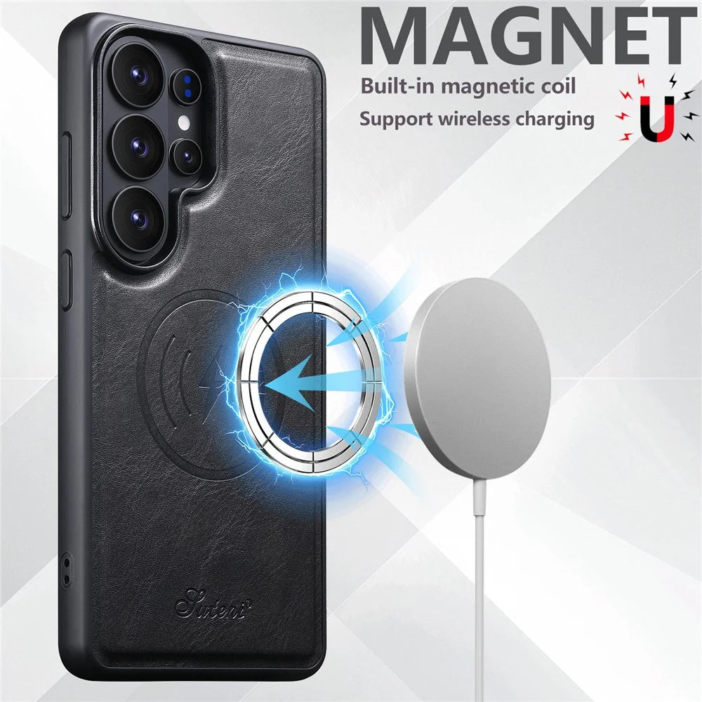 SUTENI H16 For Samsung Galaxy S26 Ultra Magnetic Case Waxy Texture PU Leather TPU Phone Cover - Black - 4