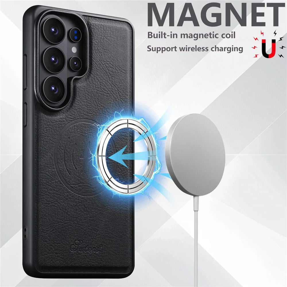 SUTENI H16 For Samsung Galaxy S26 Ultra Magnetic Case Litchi Texture PU Leather TPU Phone Cover - Black - 4
