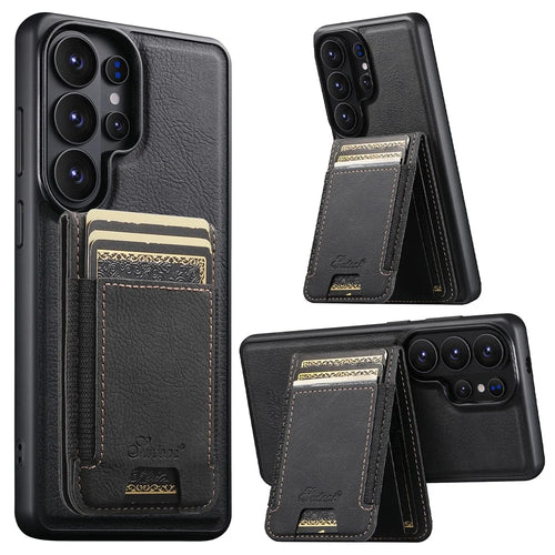 SUTENI H17 For Samsung Galaxy S26 Ultra Magnetic Case Detachable Card Holder Kickstand Litchi Texture PU Leather + TPU Phone Cover - Black - 1