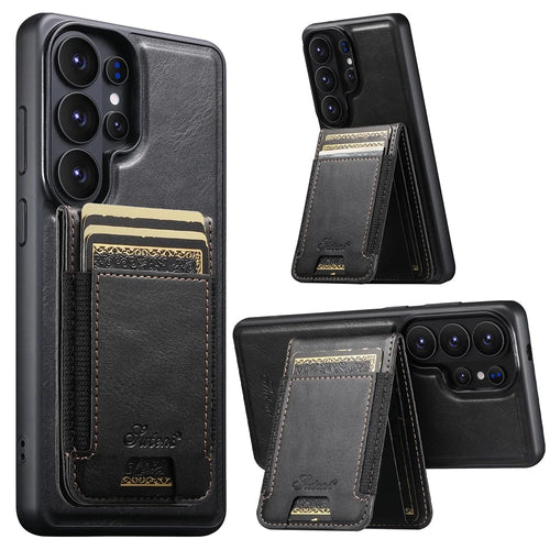 SUTENI For Samsung Galaxy S26 Ultra Magnetic Case Card Holder Kickstand Phone Cover - Black - 1