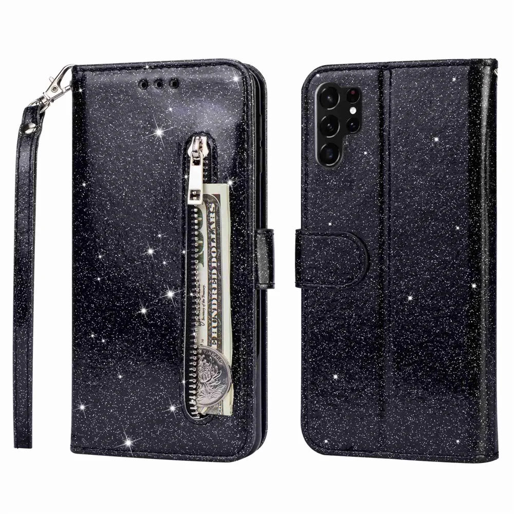 Glittery Phone Case For Samsung Galaxy S23 Ultra, Zipper Pocket Wallet Stand Magnetic Clasp PU Leather Cell Phone Cover - Black - 1