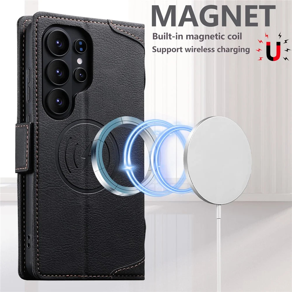 SUTENI J07 For Samsung Galaxy S26 Ultra Magnetic Case Litchi Texture Leather Wallet Phone Cover - Black - 4