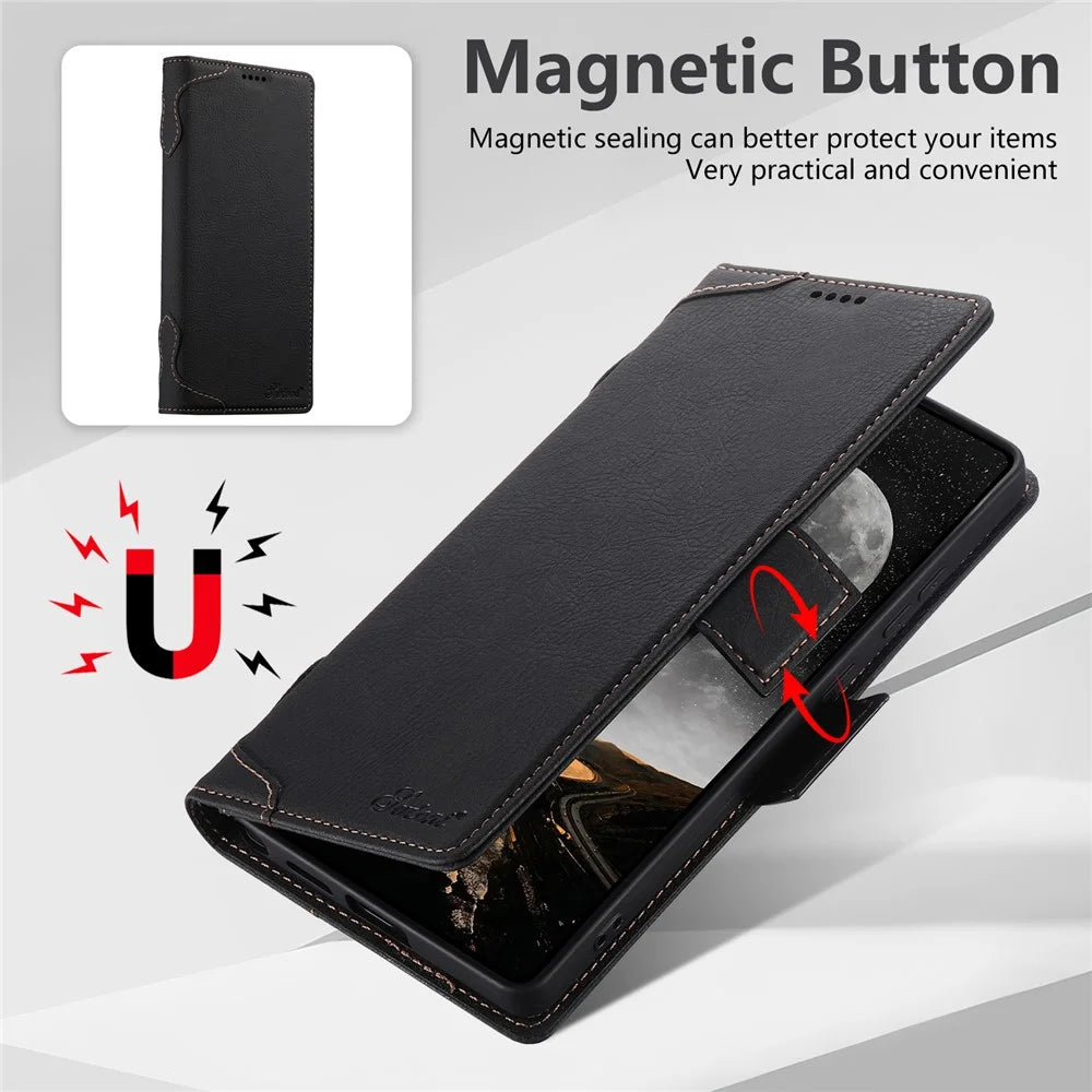 SUTENI J07 For Samsung Galaxy S26 Ultra Magnetic Case Litchi Texture Leather Wallet Phone Cover - Black - 5
