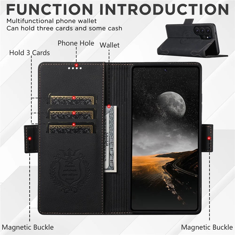 SUTENI J07 For Samsung Galaxy S26 Ultra Magnetic Case Litchi Texture Leather Wallet Phone Cover - Black - 6
