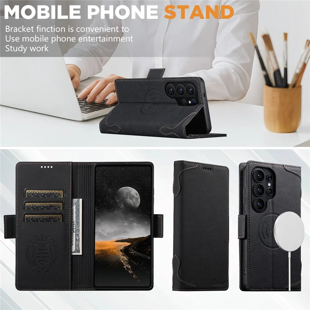 SUTENI J07 For Samsung Galaxy S26 Ultra Magnetic Case Litchi Texture Leather Wallet Phone Cover - Black - 7