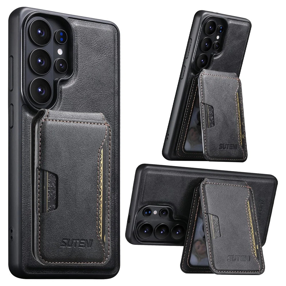 SUTENI M3 For Samsung Galaxy S26 Ultra Magnetic Case Cowhide Texture Leather Back Cover with Card Bag Kickstand - Black - 1