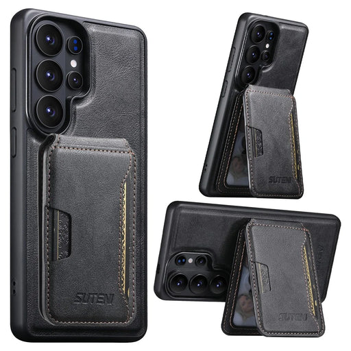 SUTENI M3 For Samsung Galaxy S26 Ultra Magnetic Case Cowhide Texture Leather Back Cover with Card Bag Kickstand - Black - 1