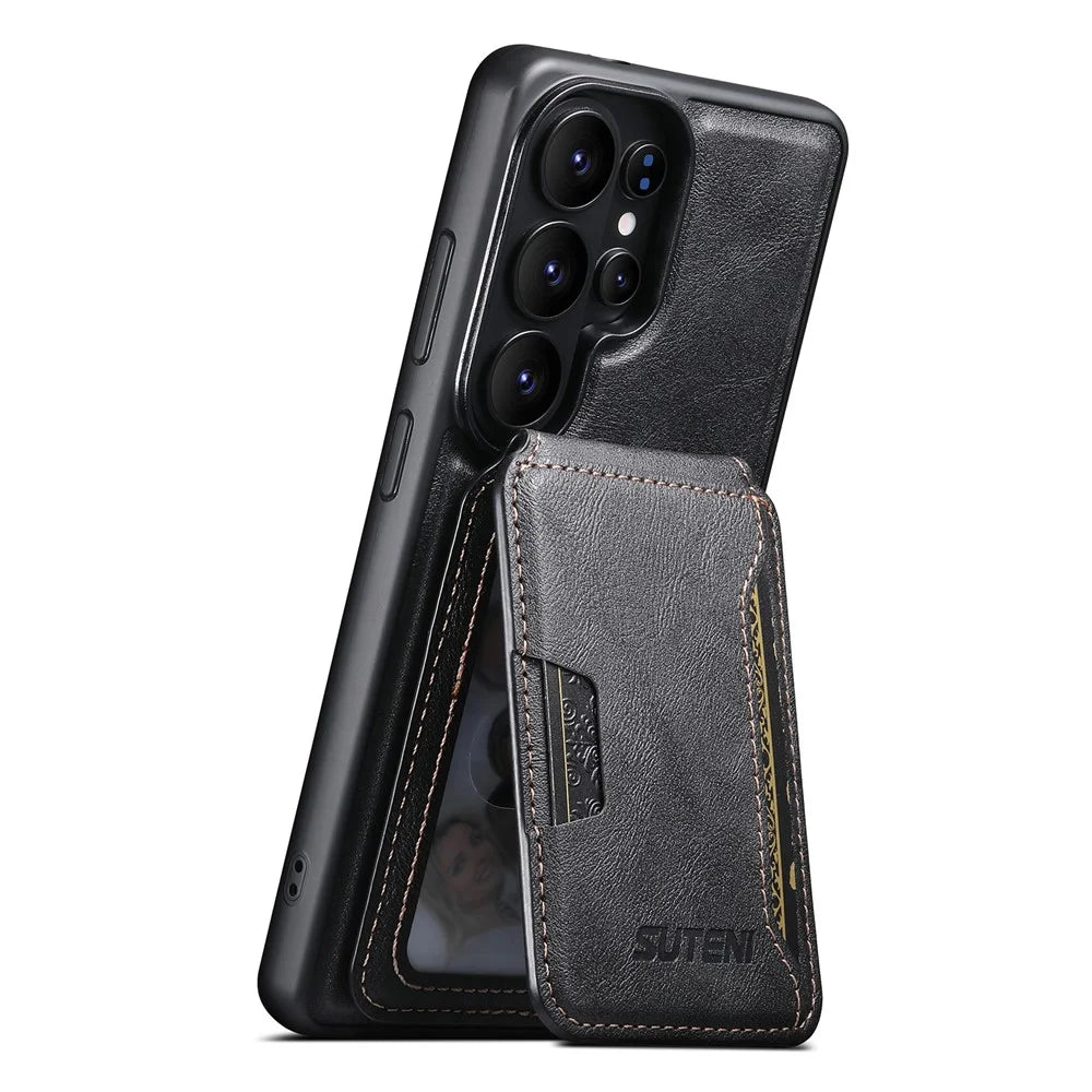 SUTENI M3 For Samsung Galaxy S26 Ultra Magnetic Case Cowhide Texture Leather Back Cover with Card Bag Kickstand - Black - 2