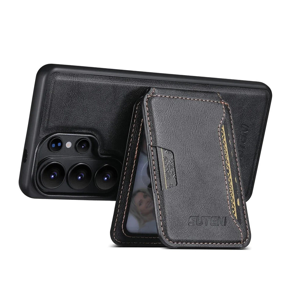 SUTENI M3 For Samsung Galaxy S26 Ultra Magnetic Case Cowhide Texture Leather Back Cover with Card Bag Kickstand - Black - 3