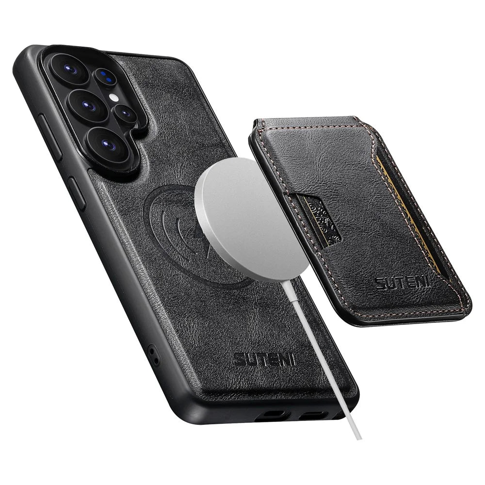 SUTENI M3 For Samsung Galaxy S26 Ultra Magnetic Case Cowhide Texture Leather Back Cover with Card Bag Kickstand - Black - 4