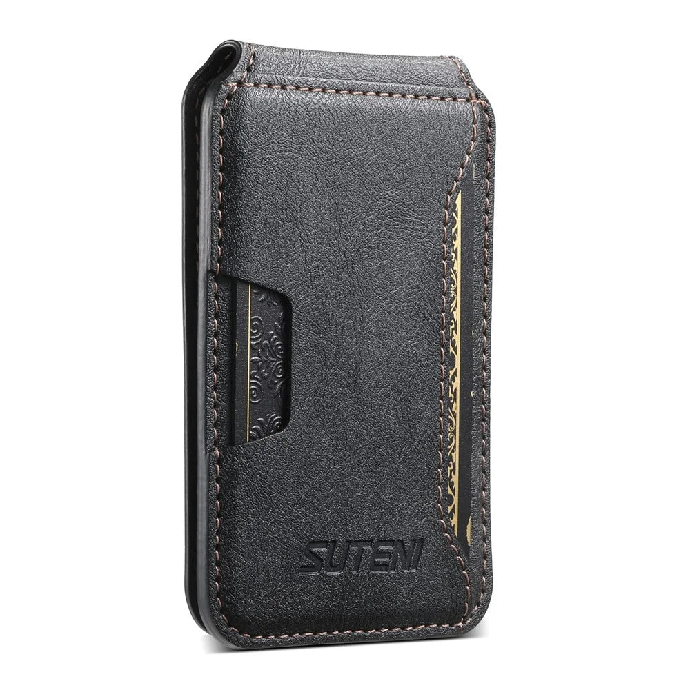 SUTENI M3 For Samsung Galaxy S26 Ultra Magnetic Case Cowhide Texture Leather Back Cover with Card Bag Kickstand - Black - 6
