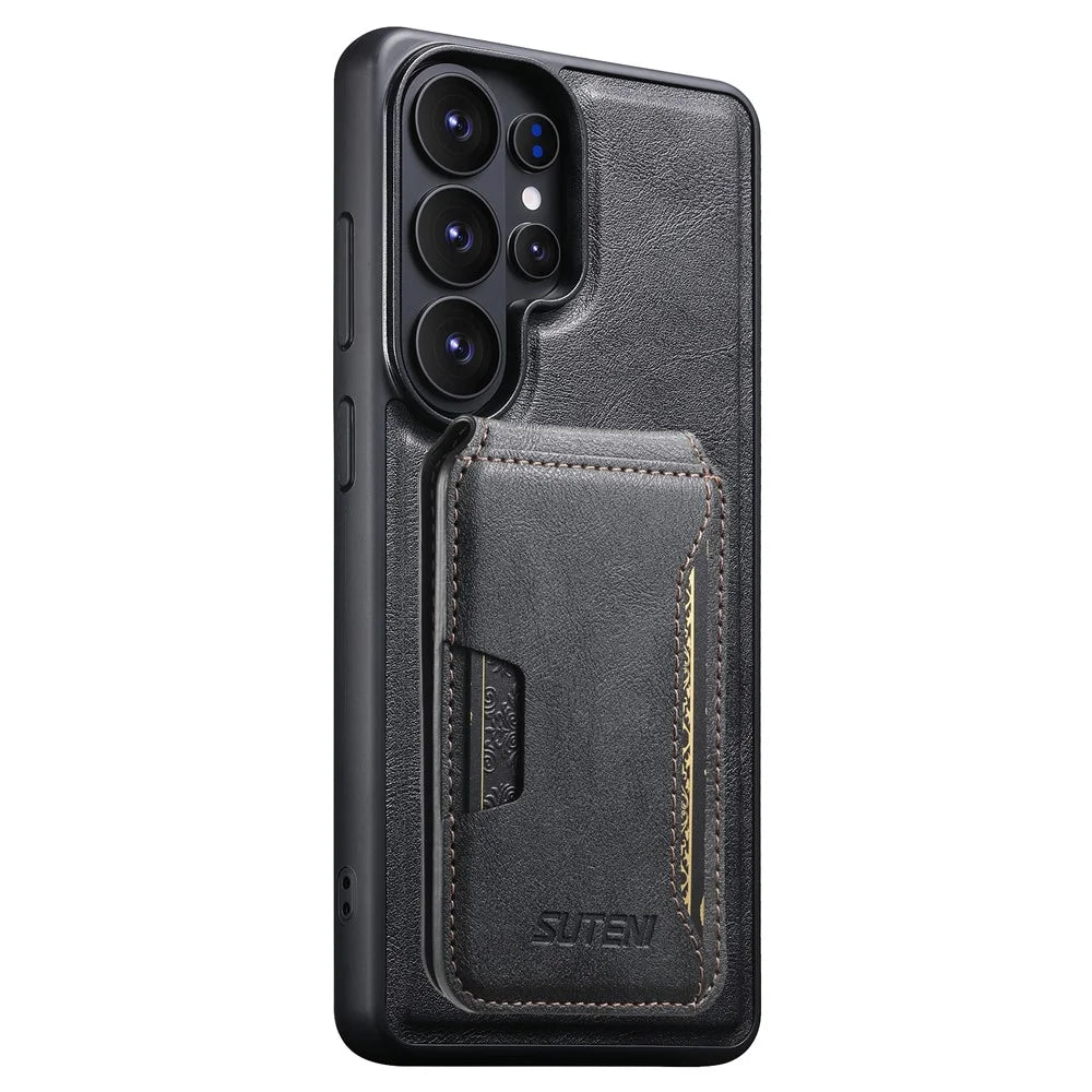 SUTENI M3 For Samsung Galaxy S26 Ultra Magnetic Case Cowhide Texture Leather Back Cover with Card Bag Kickstand - Black - 7