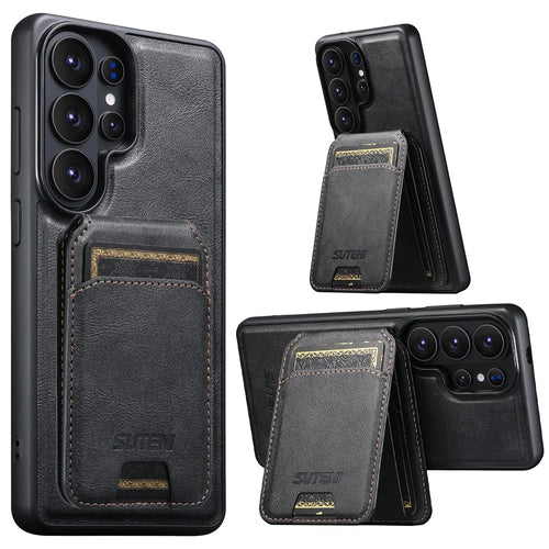 SUTENI M5 For Samsung Galaxy S26 Ultra Magnetic Case with Card Bag Cowhide Texture Leather Phone Back Cover - Black - 1
