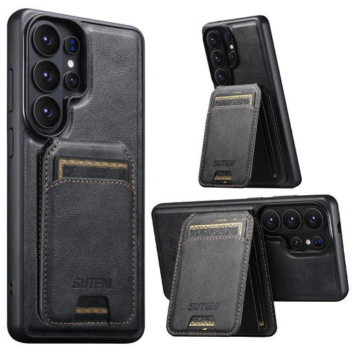 SUTENI M5 For Samsung Galaxy S26 Ultra Magnetic Case with Card Bag Cowhide Texture Leather Phone Back Cover - Black - 1