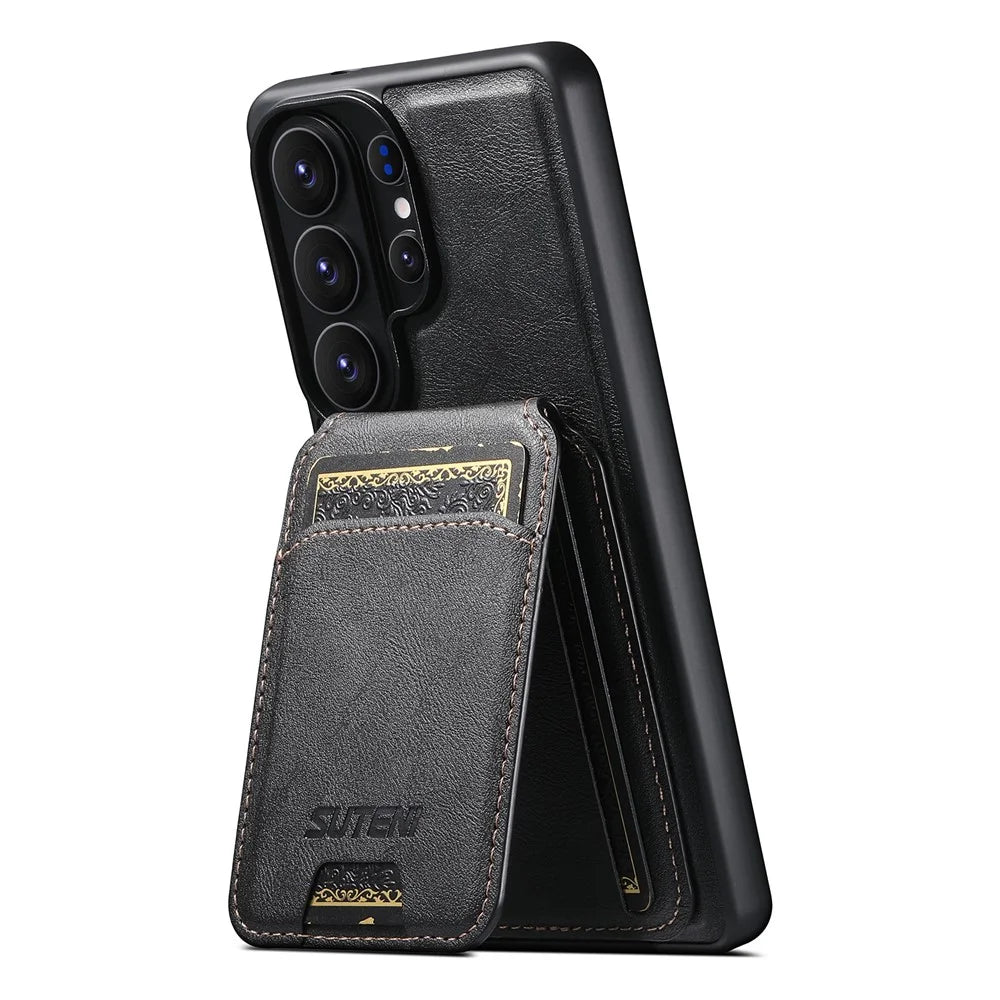 SUTENI M5 For Samsung Galaxy S26 Ultra Magnetic Case with Card Bag Cowhide Texture Leather Phone Back Cover - Black - 2