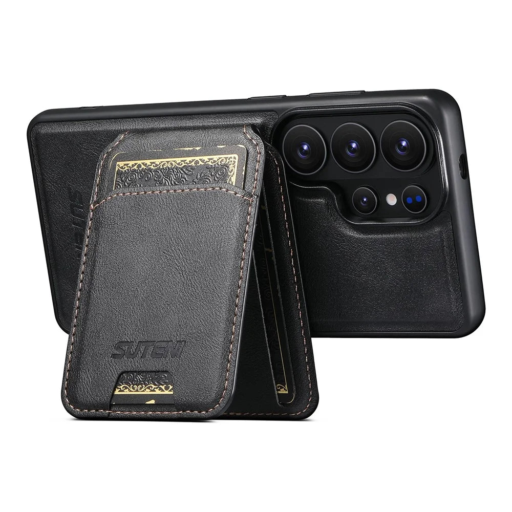 SUTENI M5 For Samsung Galaxy S26 Ultra Magnetic Case with Card Bag Cowhide Texture Leather Phone Back Cover - Black - 3