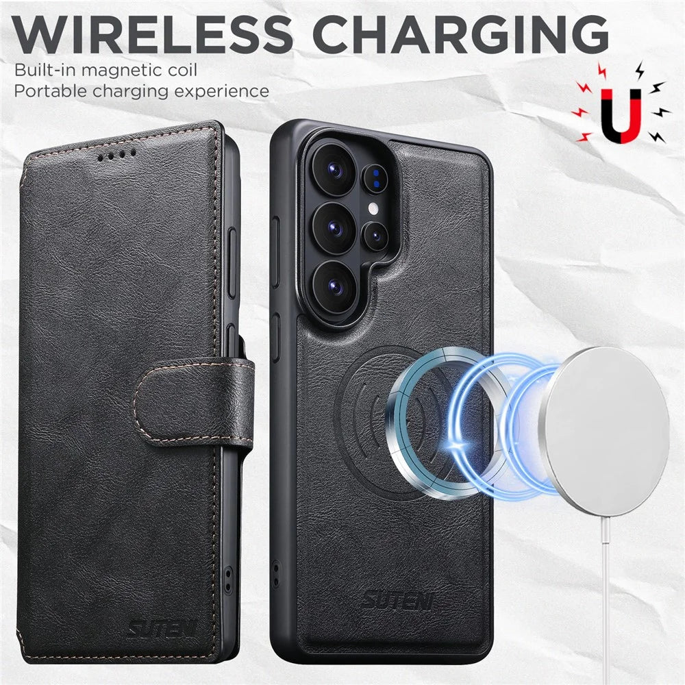 SUTENI Q-05 For Samsung Galaxy S26 Ultra Wallet Case 2 in 1 Magnetic Detachable Leather Flip Phone Cover with Stand - Black - 6