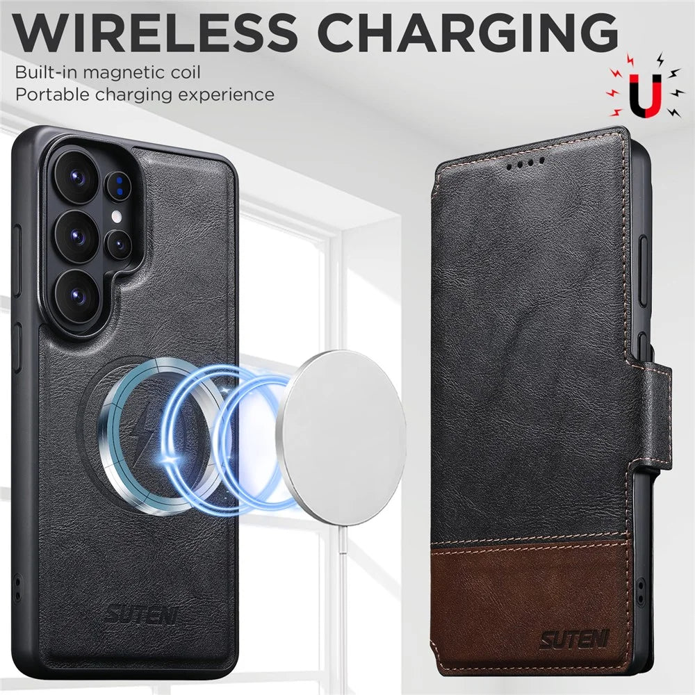 SUTENI Q-06 For Samsung Galaxy S26 Ultra Case Color Splicing Magnetic Detachable Leather Phone Cover - Black - 5