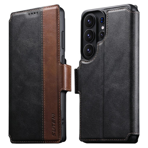 SUTENI Q-07 For Samsung Galaxy S26 Ultra Case Magnetic Color Splicing Cowhide Texture Leather Cover - Black - 1
