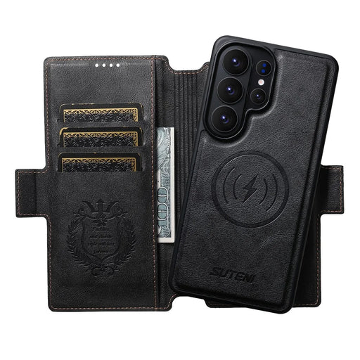 SUTENI Q-07 For Samsung Galaxy S26 Ultra Case Magnetic Color Splicing Cowhide Texture Leather Cover - Black - 2