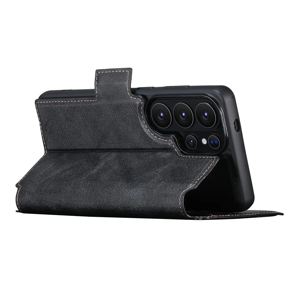 SUTENI Q-07 For Samsung Galaxy S26 Ultra Case Magnetic Color Splicing Cowhide Texture Leather Cover - Black - 3