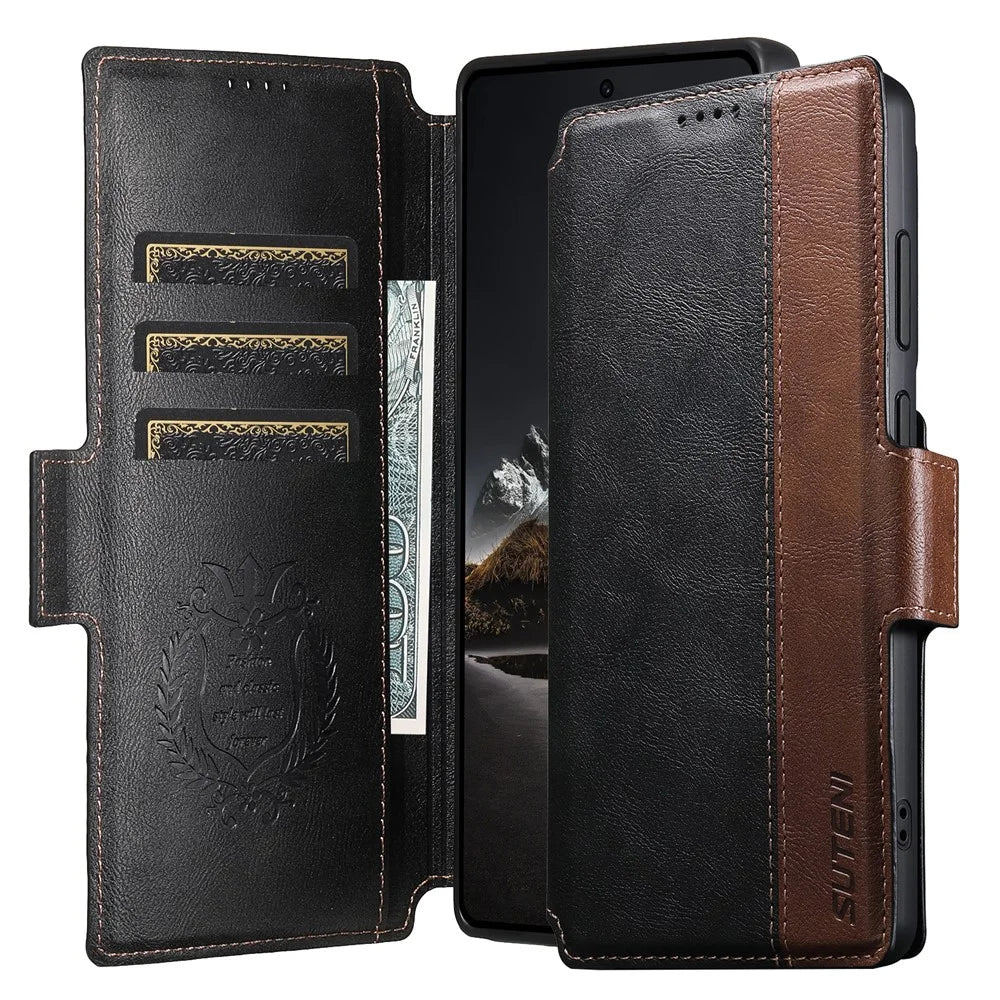 SUTENI Q-07 For Samsung Galaxy S26 Ultra Case Magnetic Color Splicing Cowhide Texture Leather Cover - Black - 4