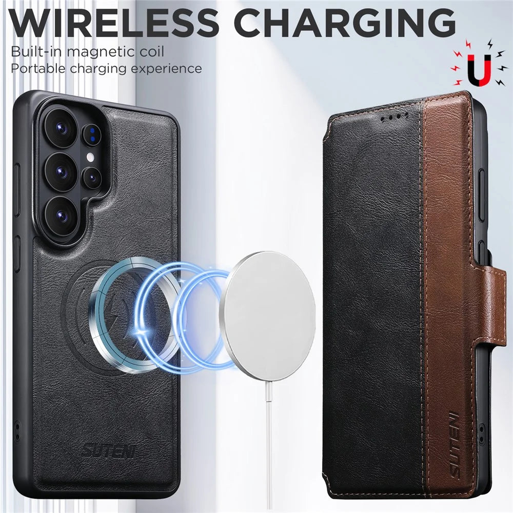 SUTENI Q-07 For Samsung Galaxy S26 Ultra Case Magnetic Color Splicing Cowhide Texture Leather Cover - Black - 5