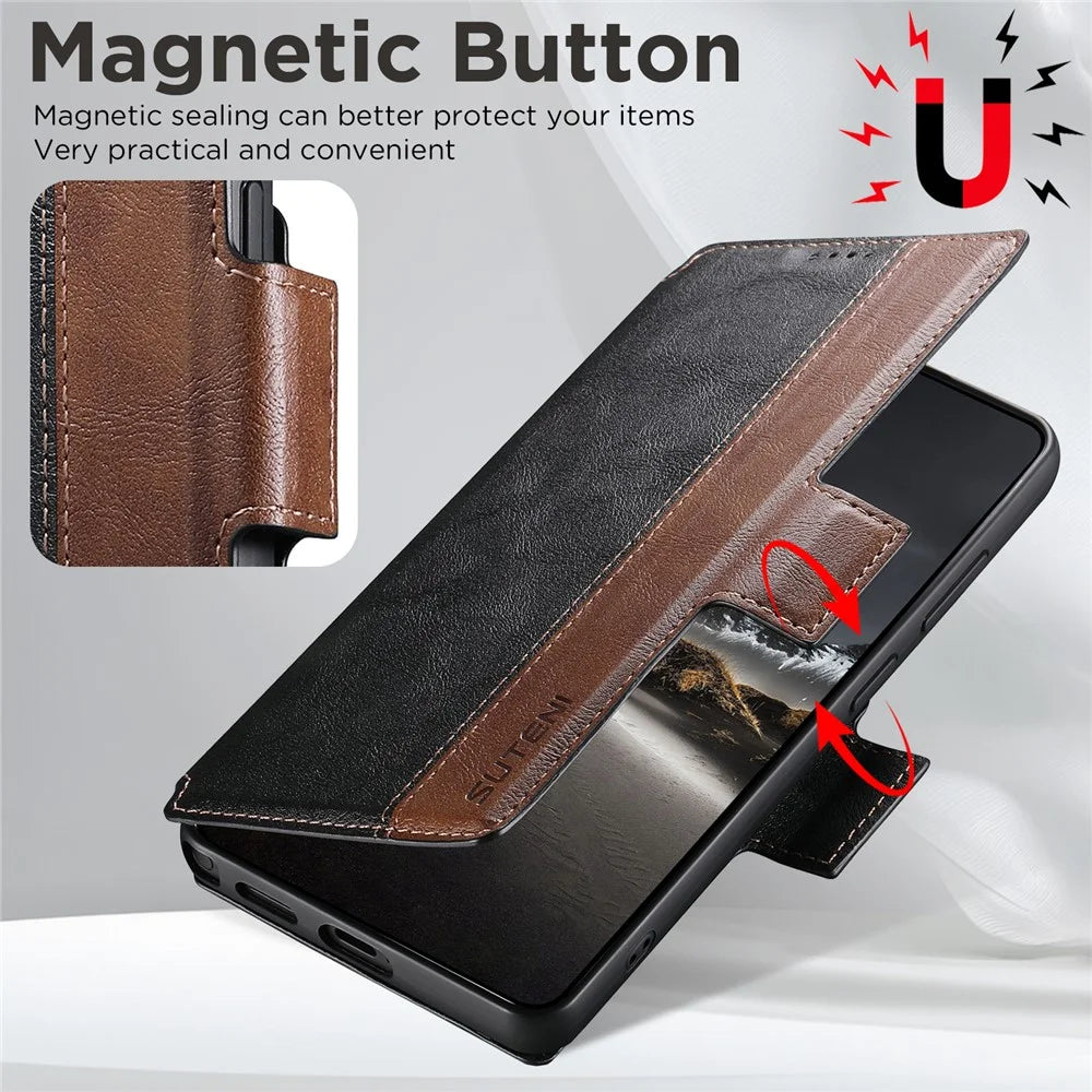 SUTENI Q-07 For Samsung Galaxy S26 Ultra Case Magnetic Color Splicing Cowhide Texture Leather Cover - Black - 6