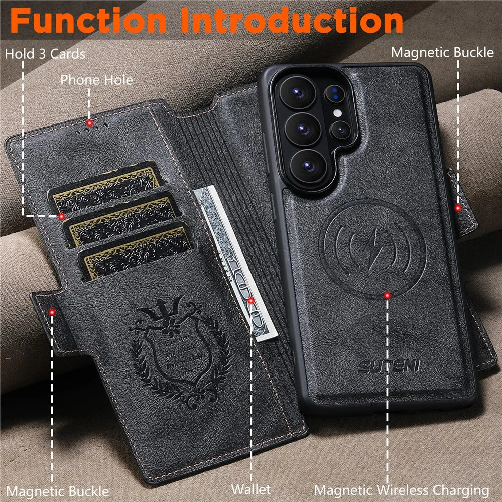 SUTENI Q-07 For Samsung Galaxy S26 Ultra Case Magnetic Color Splicing Cowhide Texture Leather Cover - Black - 7