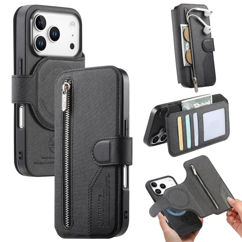 For iPhone 18 Pro Max / 17 Pro Max Magnetic Case RFID Blocking Detachable Wallet Stand Cloth Texture Leather Phone Cover - Black - 1