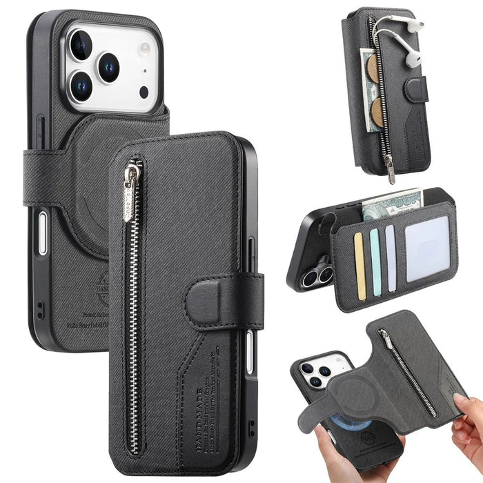 For iPhone 18 Pro / 17 Pro Magnetic Case RFID Blocking Detachable Wallet Stand Cloth Texture Leather Phone Cover - Black - 1