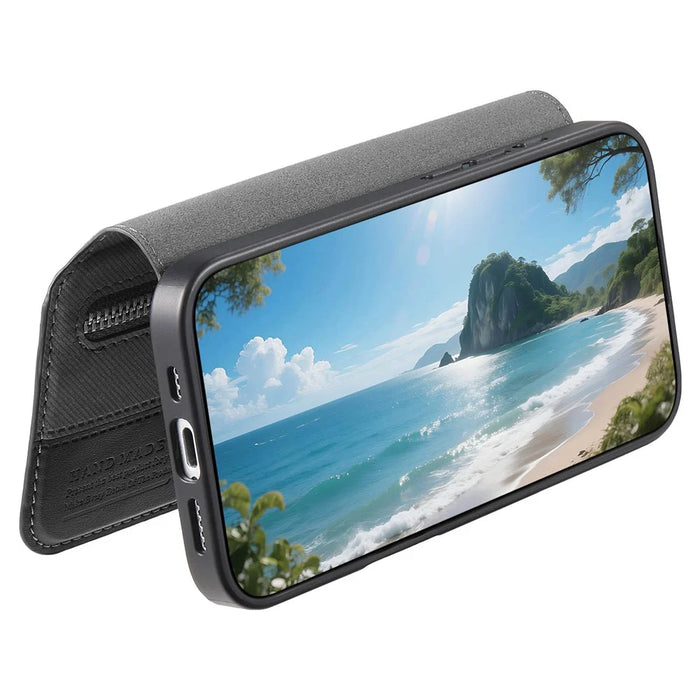 For iPhone 18 Pro / 17 Pro Magnetic Case RFID Blocking Detachable Wallet Stand Cloth Texture Leather Phone Cover - Black - 3