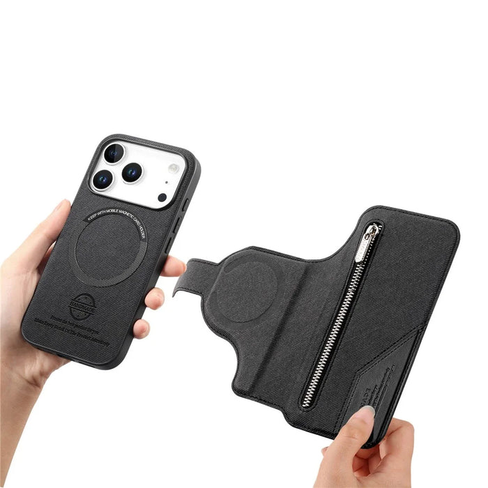 For iPhone 18 Pro / 17 Pro Magnetic Case RFID Blocking Detachable Wallet Stand Cloth Texture Leather Phone Cover - Black - 7