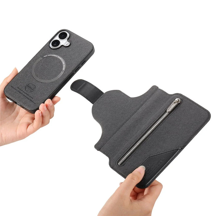 For iPhone 16 Magnetic Case RFID Blocking Detachable Wallet Stand Cloth Texture Leather Phone Cover - Black - 7