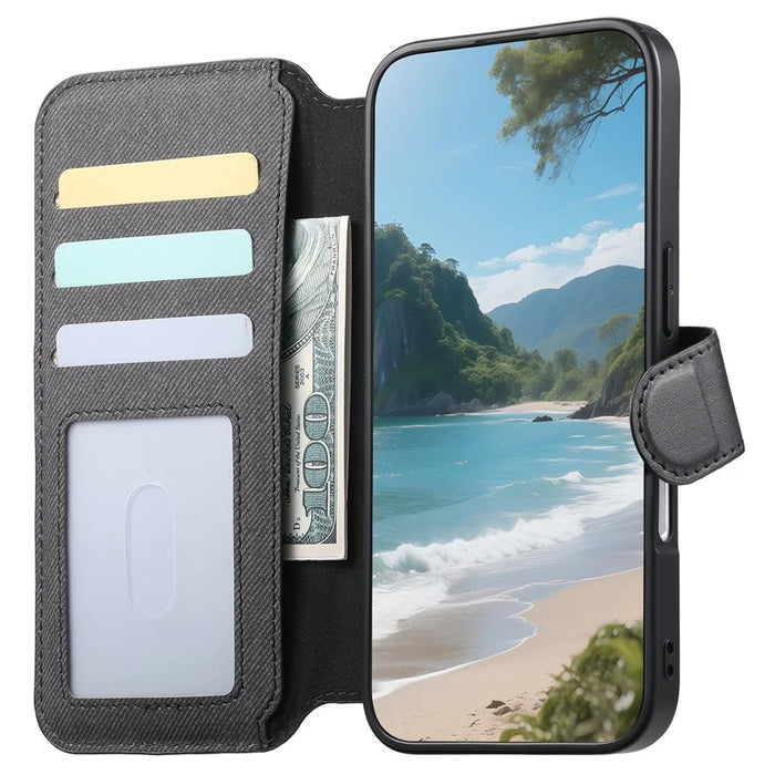 For iPhone 16 Pro Max Magnetic Case RFID Blocking Detachable Wallet Stand Cloth Texture Leather Phone Cover - Black - 2