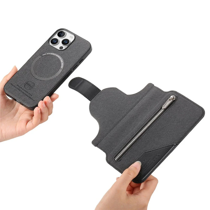 For iPhone 16 Pro Magnetic Case RFID Blocking Detachable Wallet Stand Cloth Texture Leather Phone Cover  - Black - 7