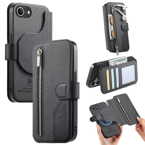 Magnetic Case For iPhone 17e  /  16e RFID Blocking   Detachable Wallet Stand Cloth Texture Leather Phone Cover - Black - 1