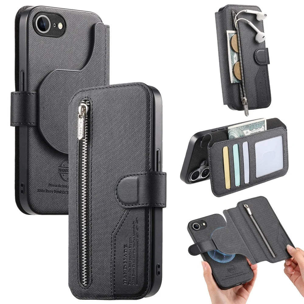 Magnetic Case For iPhone 17e  /  16e RFID Blocking   Detachable Wallet Stand Cloth Texture Leather Phone Cover - Black - 1