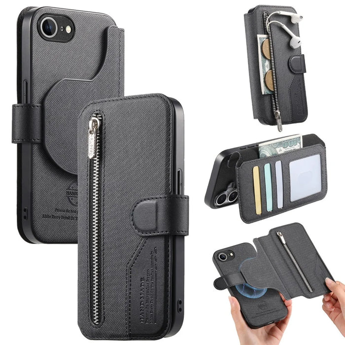 Magnetic Case For iPhone 17e  /  16e RFID Blocking   Detachable Wallet Stand Cloth Texture Leather Phone Cover - Black - 1