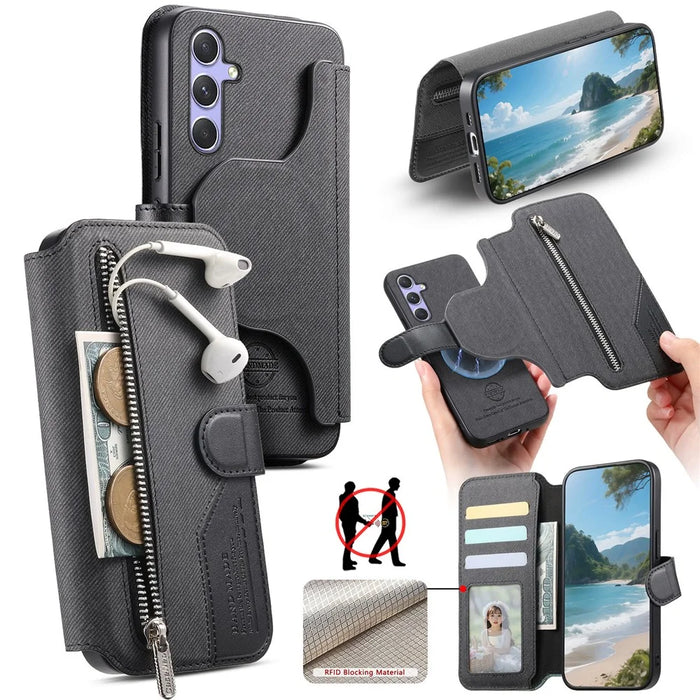 For Samsung Galaxy S25+ Magnetic Case RFID Blocking Detachable Wallet Stand Cloth Texture Leather Phone Cover - Black - 1