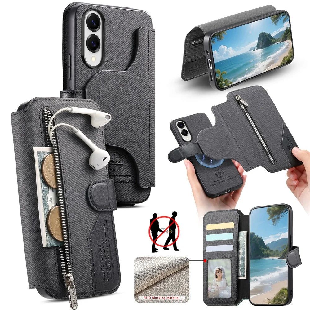 For Samsung Galaxy S25 Magnetic Case RFID Blocking Detachable Wallet Stand Cloth Texture Leather Phone Cover - Black - 1